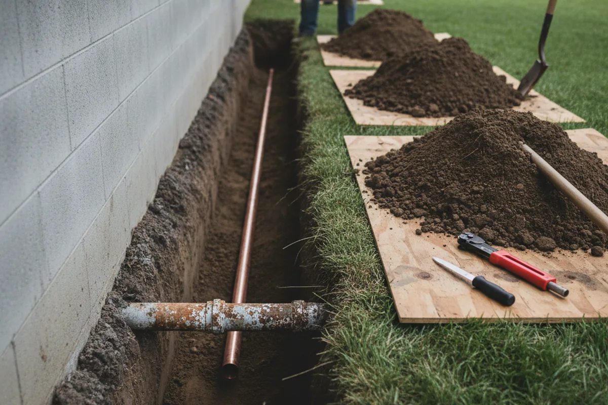 Excavated water line trench during Sewer Line Repair in Hartselle